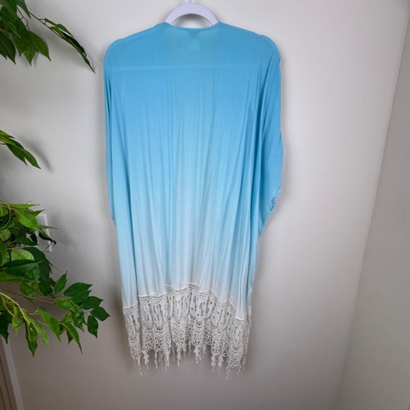 CHICO'S Dip Dye Ruana Aqua Ombre Lightweight Cover Lace Fringe / L-XL - Picture 11 of 14
